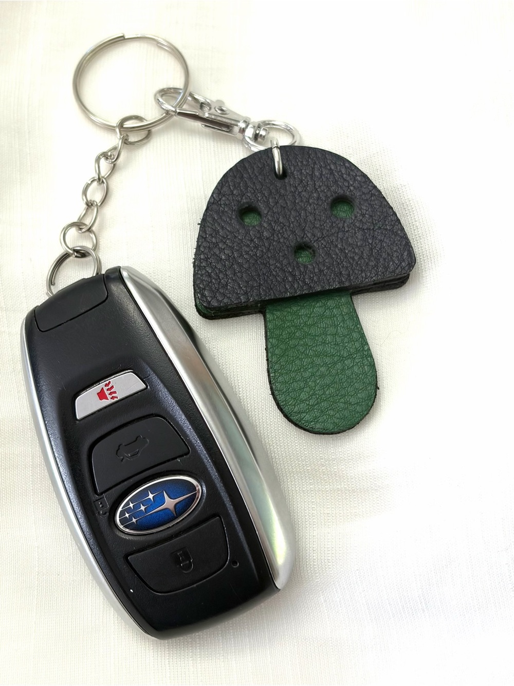 Upcycled COACH Navy & Green Leather Mushroom Keychain Charm